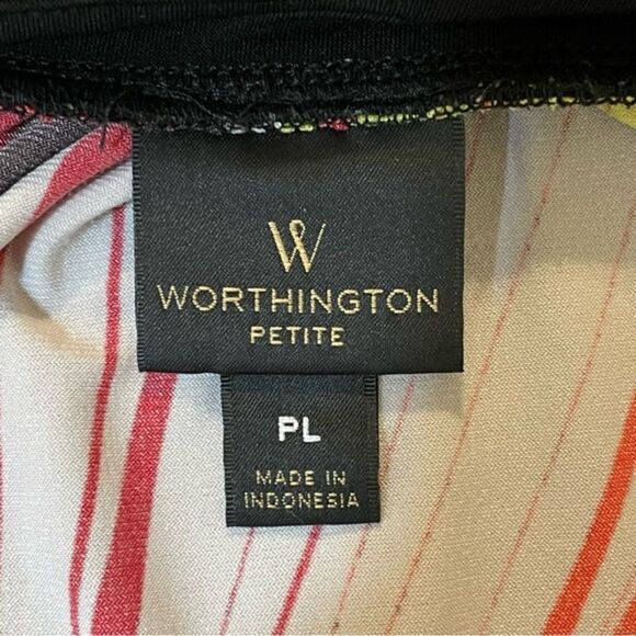 Worthington Red Black Yellow Print Sleeveless V Neck Liquid Knit Shirt Top Sz PL - Picture 2 of 7